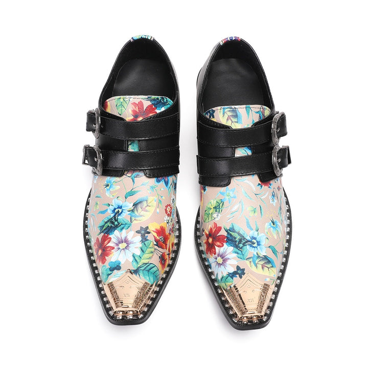 Pair of men's black and floral print buckle dress shoes with a gold metal pointed toe.