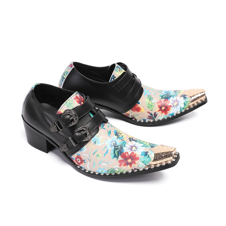 Pair of men's black and floral print buckle dress shoes with a gold metal pointed toe.