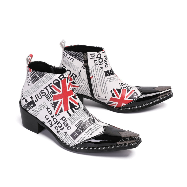 Men's white ankle boots with black newspaper print, red Union Jack flags, a sharp pointed toe with a black patent leather
