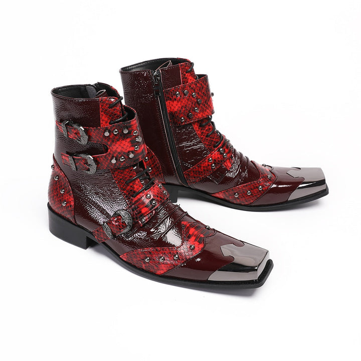A pair of men's red studded ankle boots with snake print and metal toe cap, shown against a white background.
