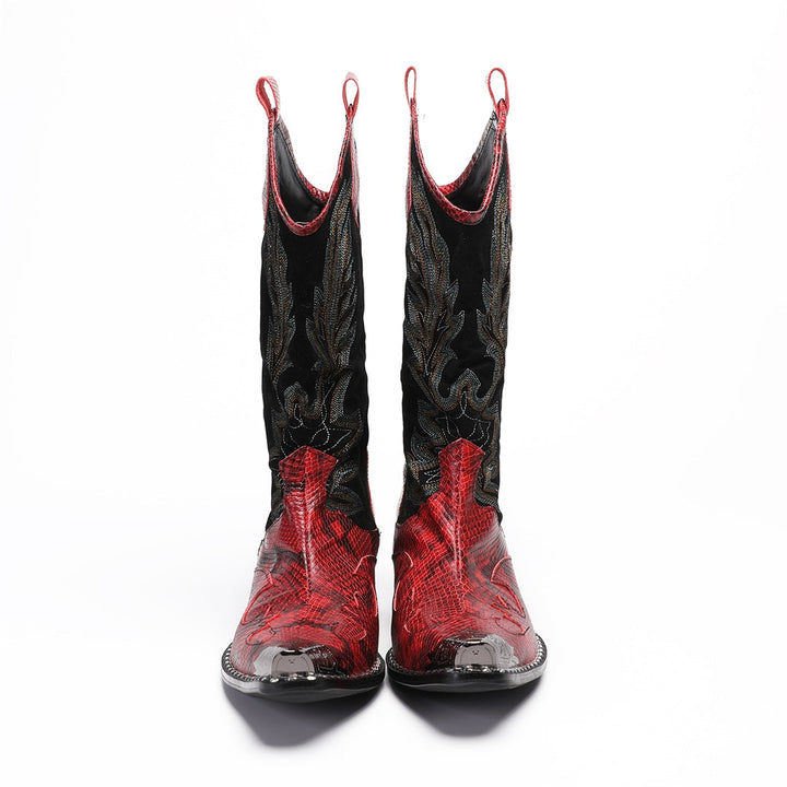 Pair of men's red snakeskin western boots with black shafts, intricate embroidery, and silver metal toe caps on a white