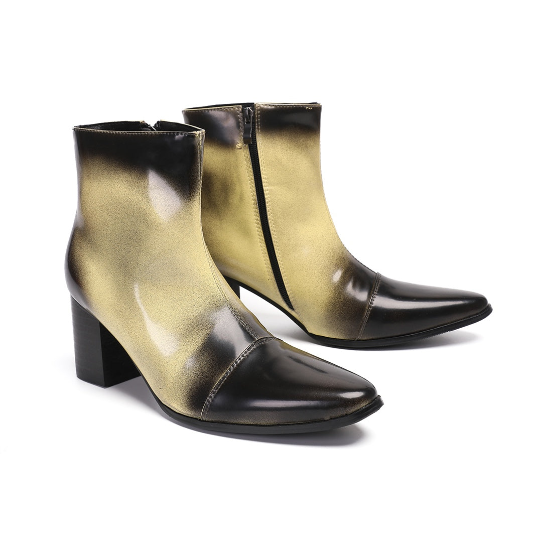 Pair of men's gradient ankle boots with a black to gold finish, pointed toe, and block heel, shown from various angles.