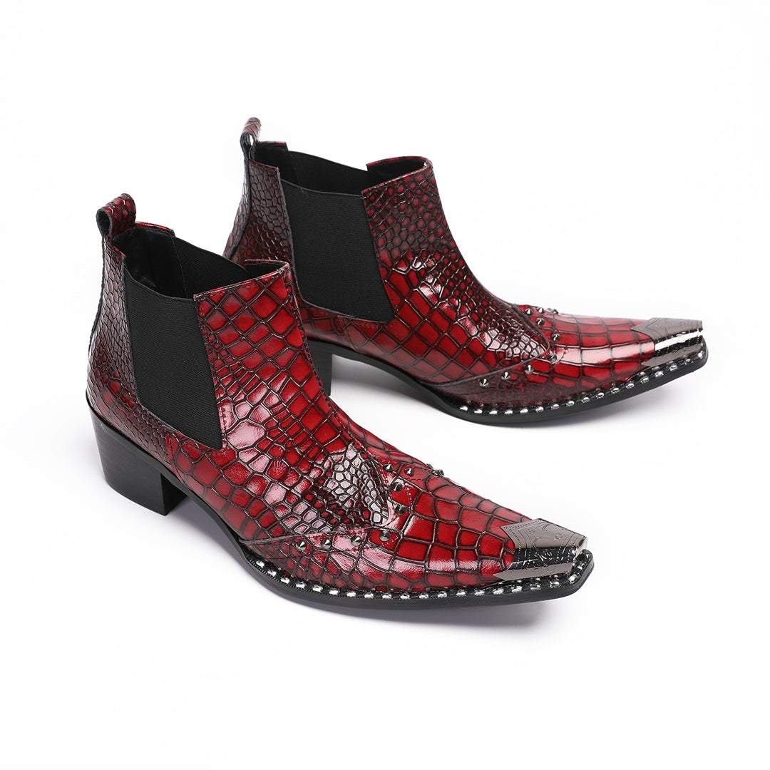 Pair of men's red crocodile embossed Chelsea boots with pointed metal toe caps and studs