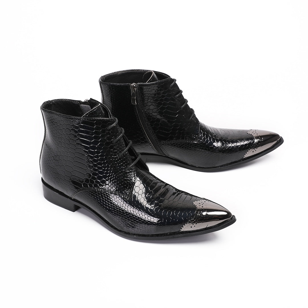 Pair of men's black snakeskin embossed ankle boots with a shiny metal pointed toe cap, lace-up front, and side zipper.