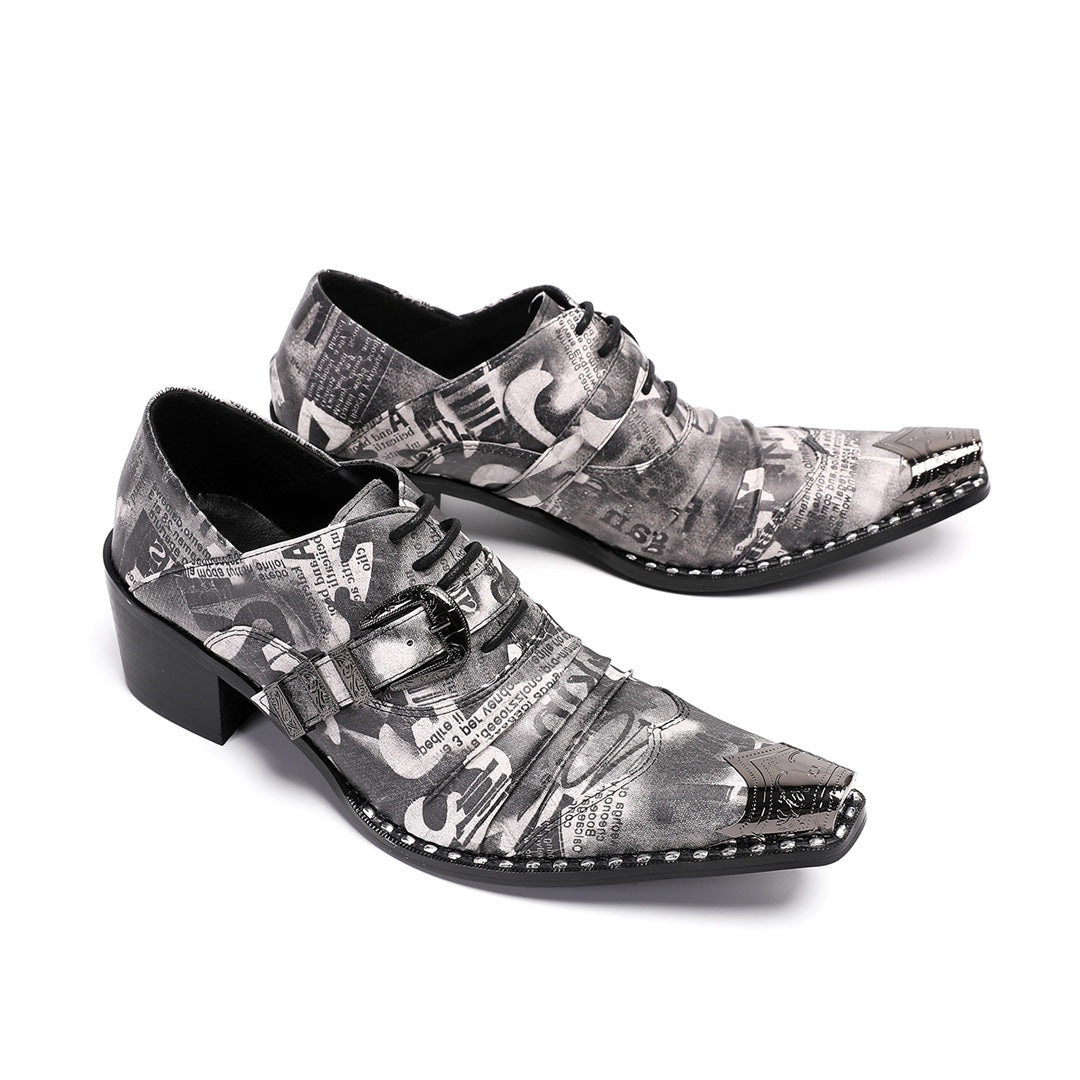 A pair of Dolashoes men's pointed toe lace-up shoes with a gray newspaper print, metal toe cap, and block heel.