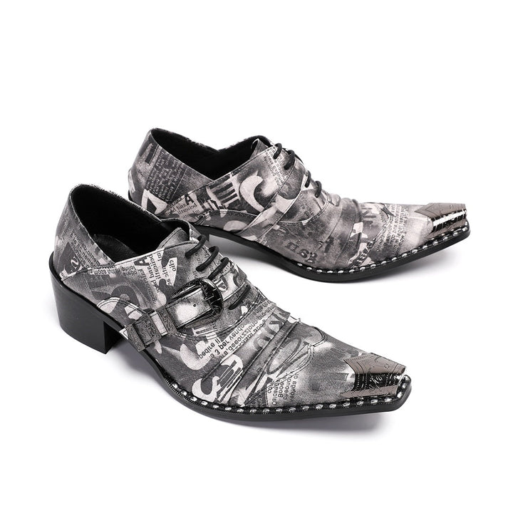 A pair of Dolashoes men's pointed toe lace-up shoes with a gray newspaper print, metal toe cap, and block heel.