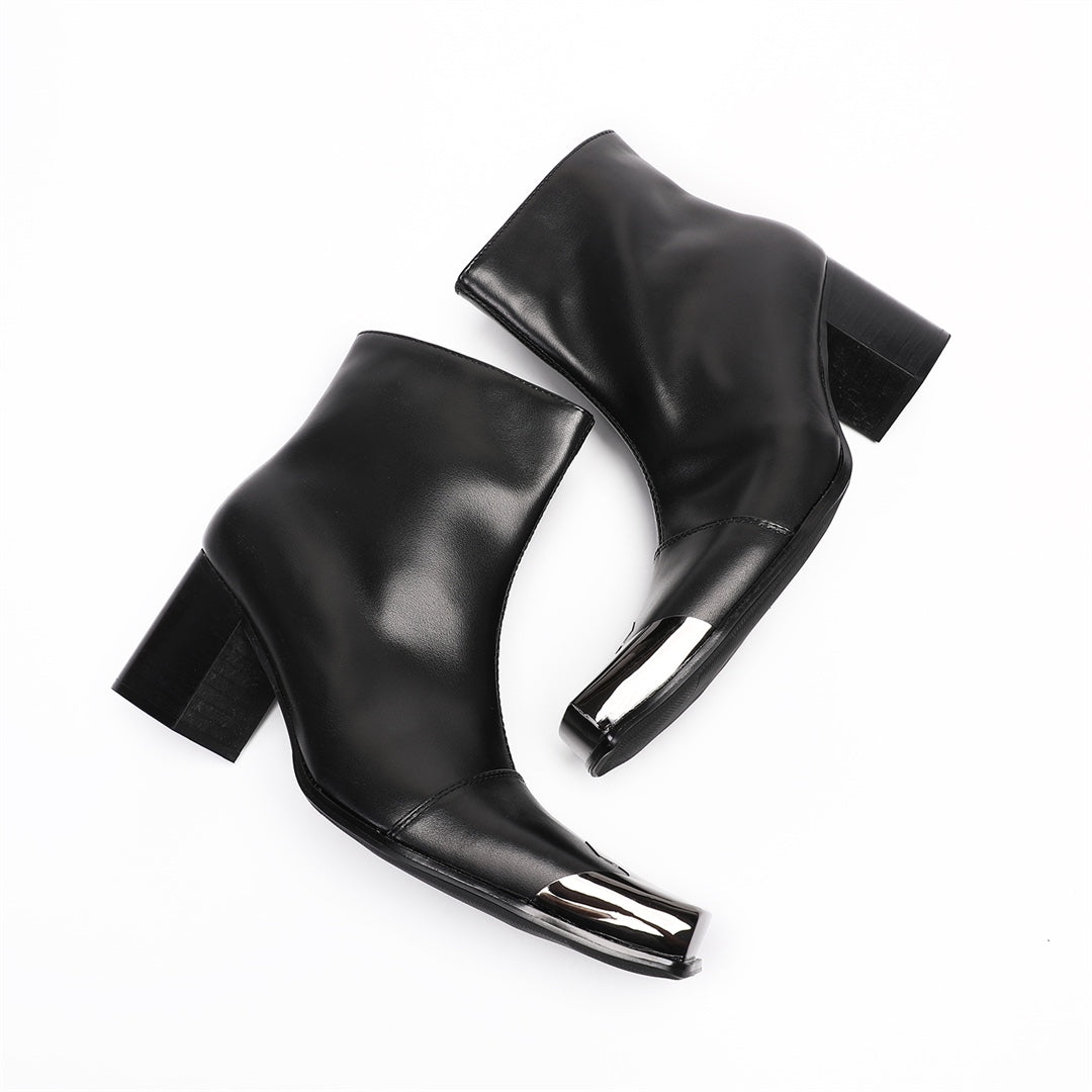 A pair of men's black leather square toe ankle boots with a gunmetal cap and block heel, shown from various angles.