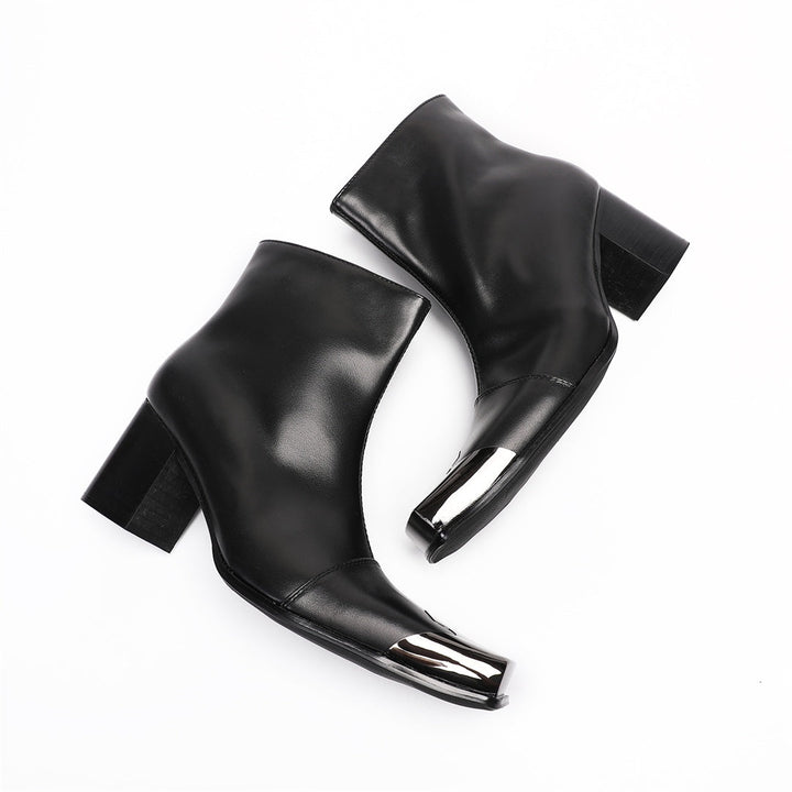 A pair of men's black leather square toe ankle boots with a gunmetal cap and block heel, shown from various angles.