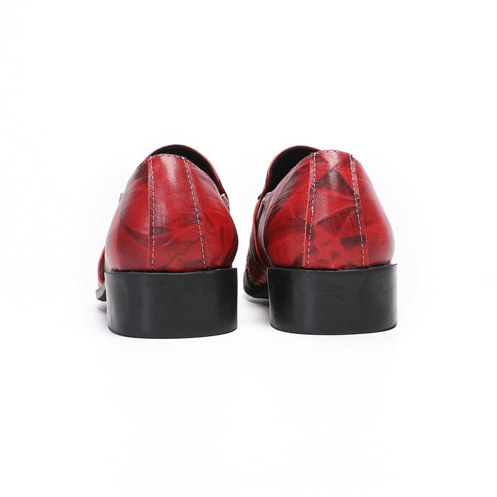 Pair of men's red and black floral slip-on loafers with gold metal square toe and decorative buckle.