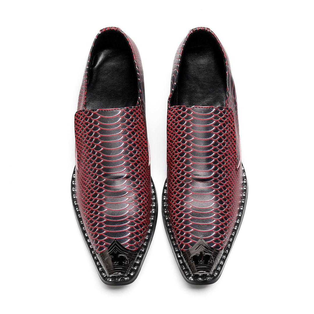 Mens Red Snake Print Metal Tip Dress Shoes
