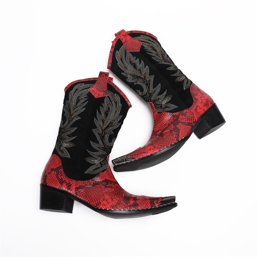Pair of men's red snakeskin western boots with black shafts, intricate embroidery, and silver metal toe caps on a white