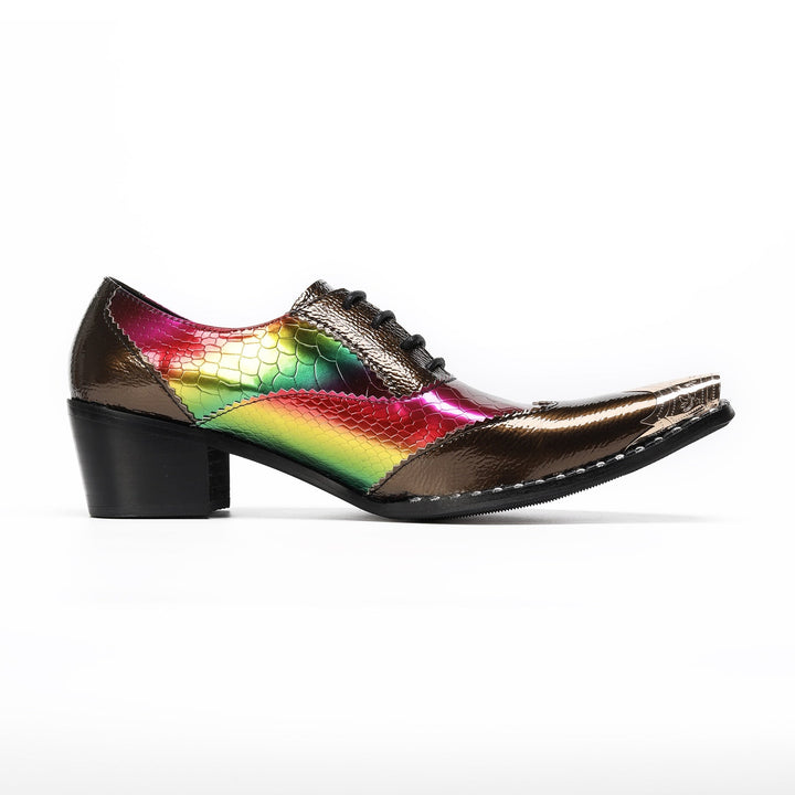 Pair of men's iridescent rainbow-colored oxford shoes with a shiny bronze metal toe cap and a black block heel, shown on a