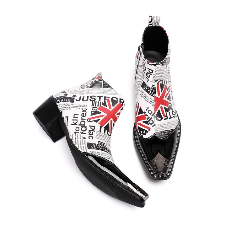 Men's white ankle boots with black newspaper print, red Union Jack flags, a sharp pointed toe with a black patent leather