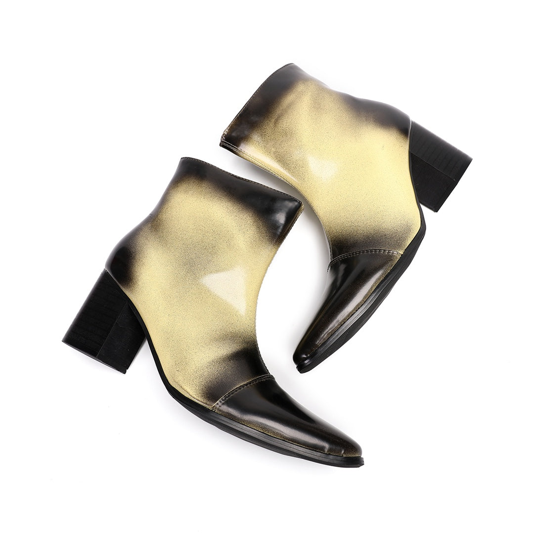 Pair of men's gradient ankle boots with a black to gold finish, pointed toe, and block heel, shown from various angles.