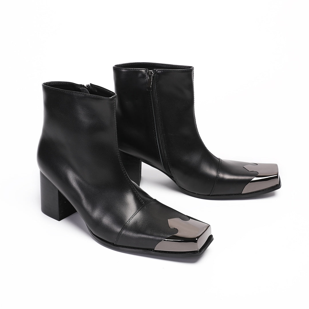 A pair of men's black leather square toe ankle boots with a gunmetal cap and block heel, shown from various angles.