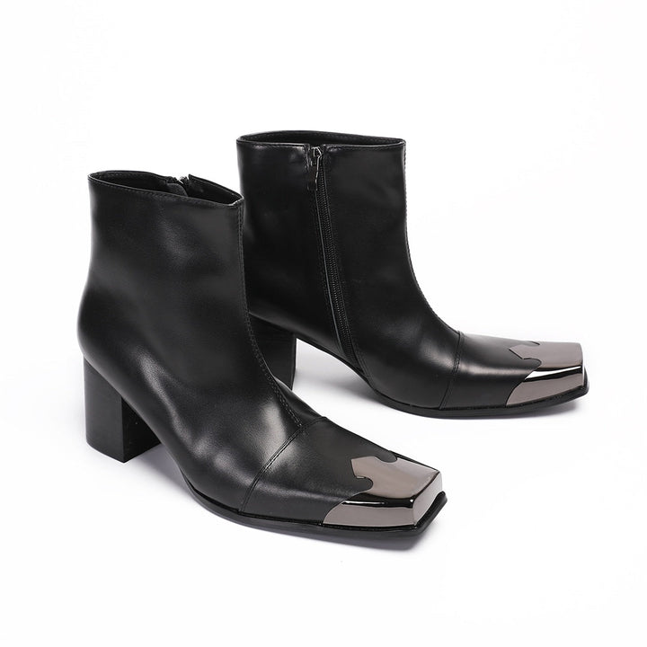 A pair of men's black leather square toe ankle boots with a gunmetal cap and block heel, shown from various angles.
