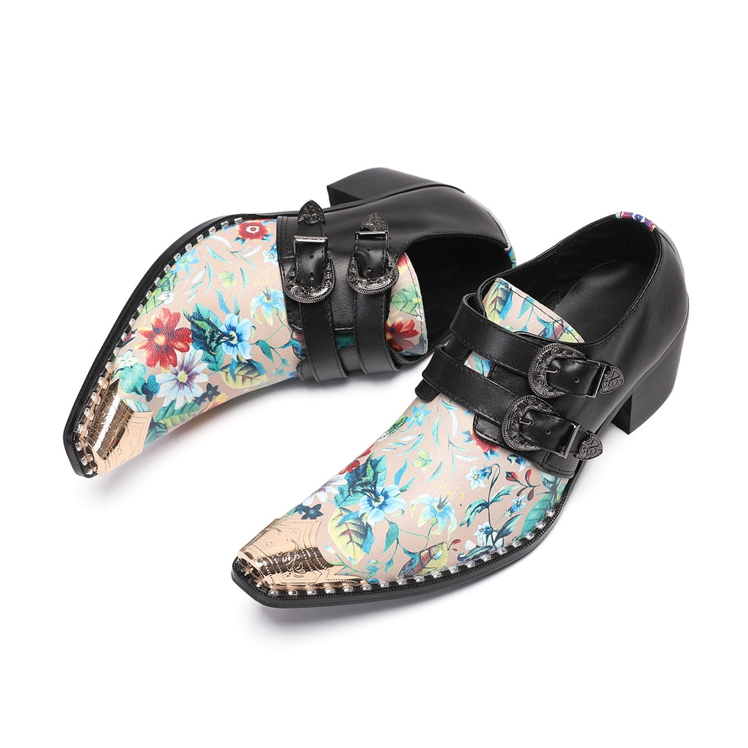 Pair of men's black and floral print buckle dress shoes with a gold metal pointed toe.