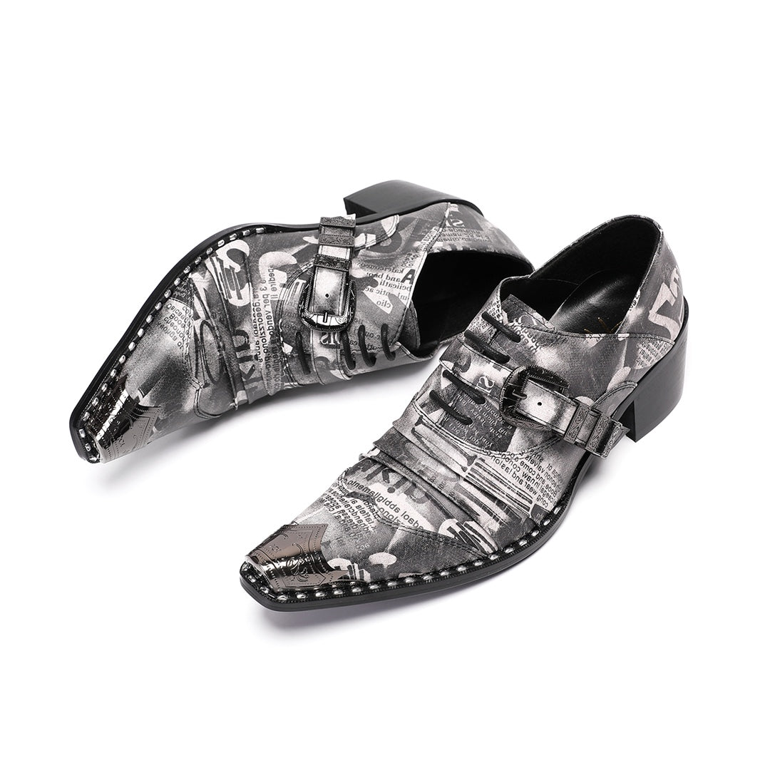 A pair of Dolashoes men's pointed toe lace-up shoes with a gray newspaper print, metal toe cap, and block heel.